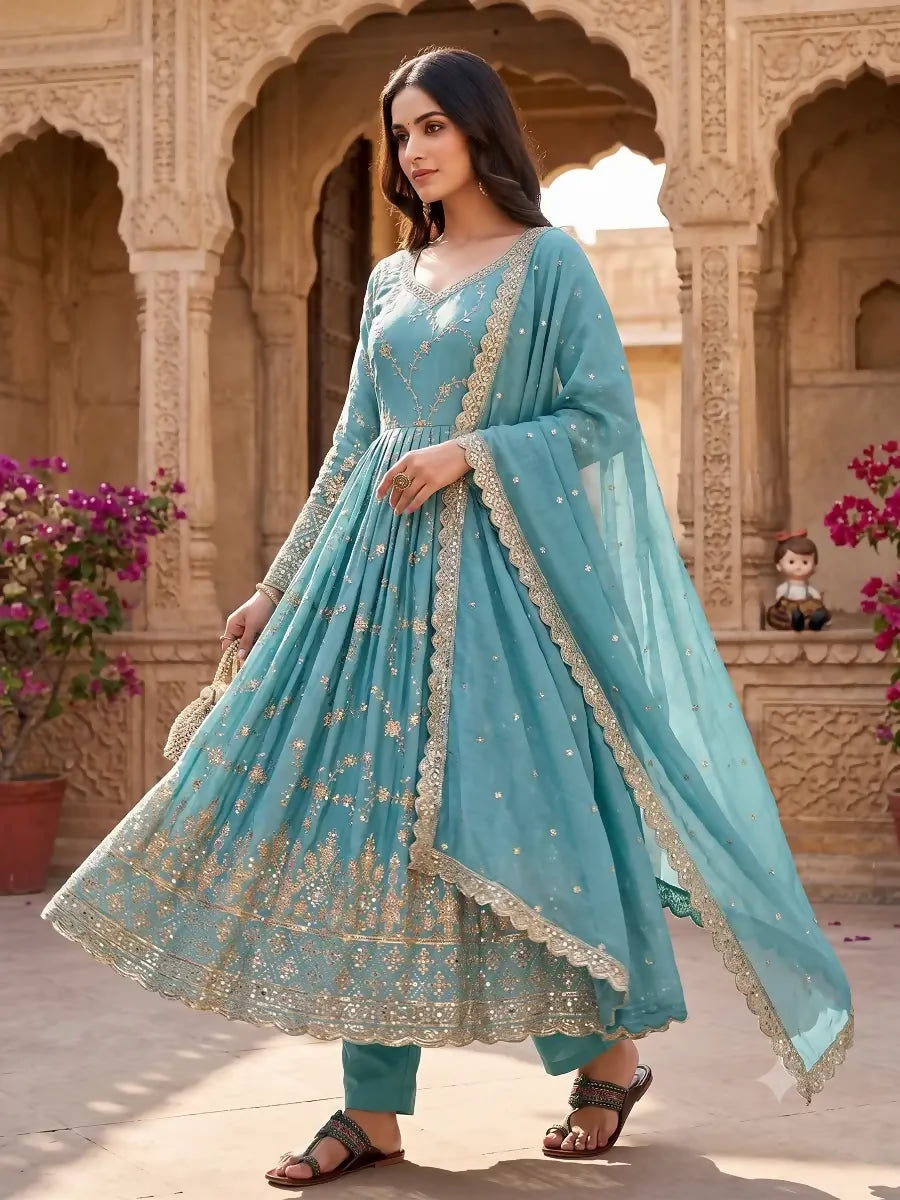 Teeya Creation Sky Blue Zari Embroidered Georgette Anarkali Suit with Dupatta