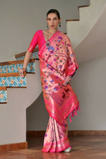 Thumbnail for Vishnu Weaves Women's Pink Paithani Silk Zari Woven Saree with Blouse