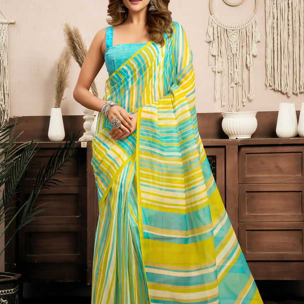 Joban Fashion Yellow Striped (Leheriya) Linen Ready To Wear Saree With Unstitched Blouse - Distacart