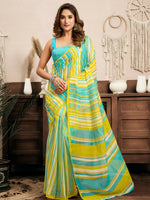 Thumbnail for Joban Fashion Yellow Striped (Leheriya) Linen Ready To Wear Saree With Unstitched Blouse - Distacart