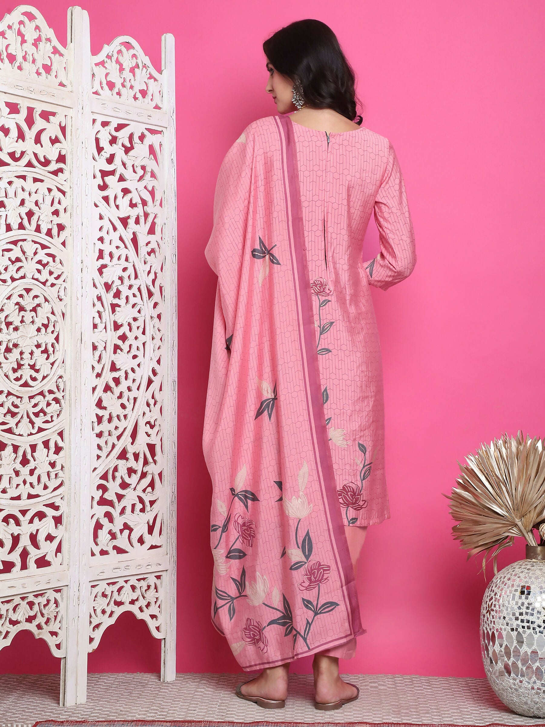 Jyoti Fashion Women's Pink Muslin Floral Print with Jari & Crystal work Kurta with Trouser & Dupatta - Distacart