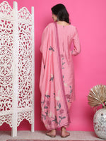 Thumbnail for Jyoti Fashion Women's Pink Muslin Floral Print with Jari & Crystal work Kurta with Trouser & Dupatta - Distacart