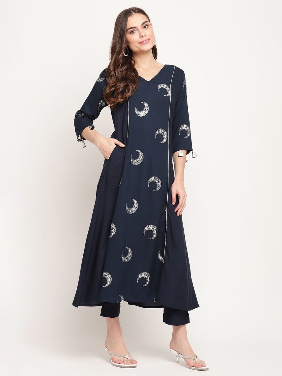 Ahalyaa Women's Navy Blue Rayon Foil & Khari Print Kurta Trouser Set