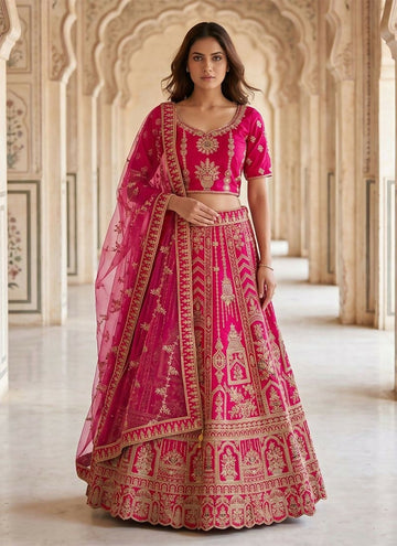 Lehenga Mart Pink Heavy Silk With Fusing Designer Bollywood Style Wedding Wear Lehenga Choli - Dista