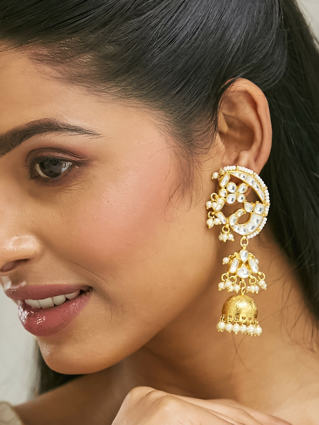 Nuyug 22K Gold-Plated Elegant Kundan Stone Studded & Pearl Drops Mini Jhumki Dangler Earrings