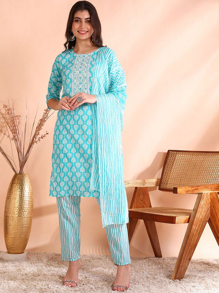 Ode by House of Pataudi Thread Work Pure Cotton Straight Kurta with Trousers & Dupatta - Distacart