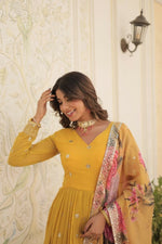 Thumbnail for Aastha Fashion Women's Yellow Faux Georgette Embroidery Zari Sequins-work Gown with Dupatta - Distacart