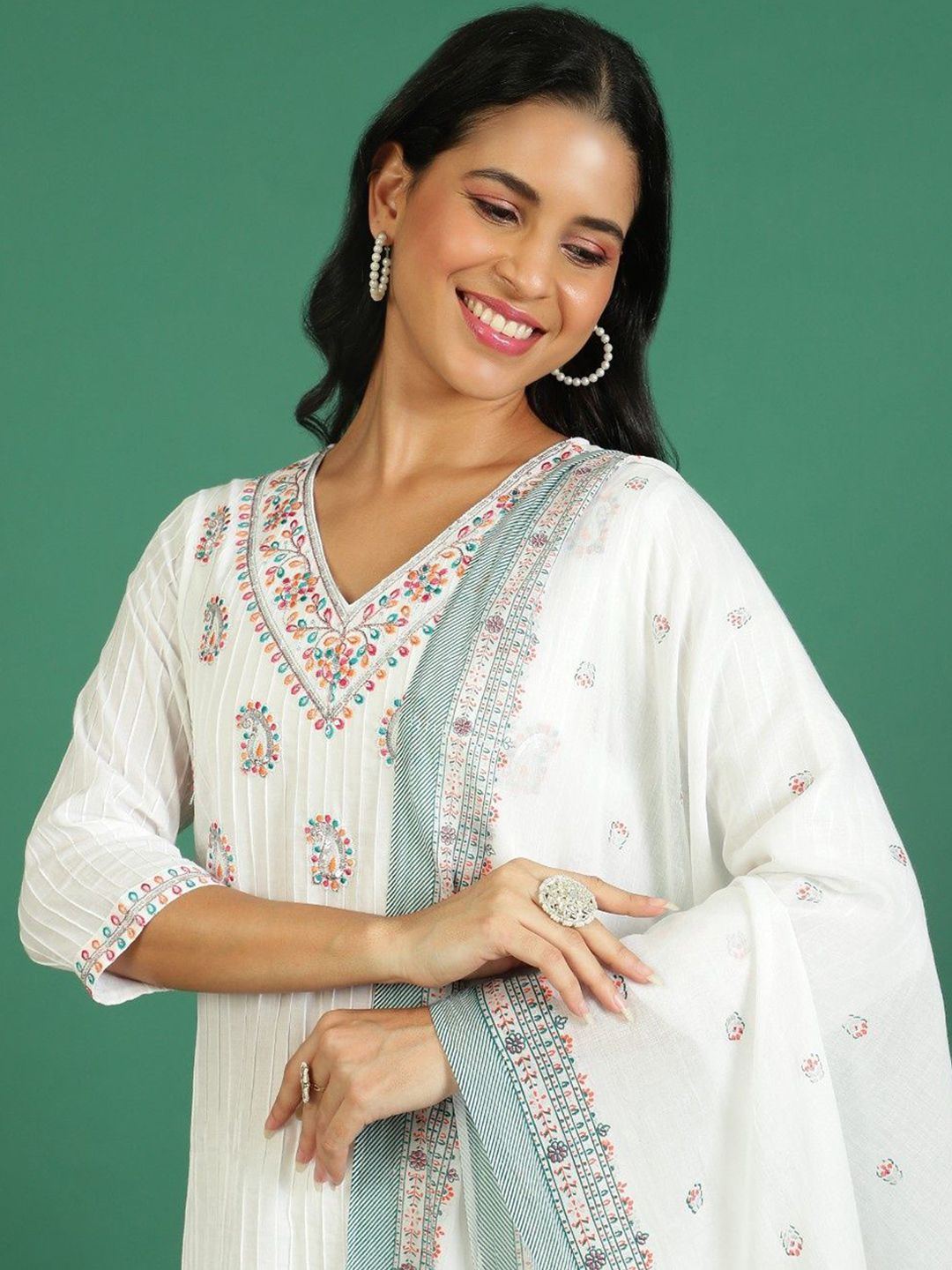 Sangria Printed Pure Cotton V- Neck Kurta & Trousers With Dupatta - Distacart