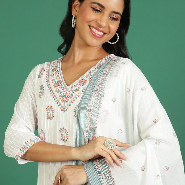 Sangria Printed Pure Cotton V- Neck Kurta & Trousers With Dupatta - Distacart