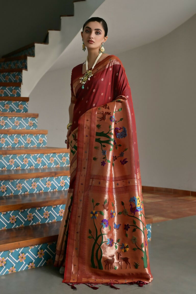 Vishnu Weaves Women's Maroon Paithani Silk Zari Woven Saree with Blouse