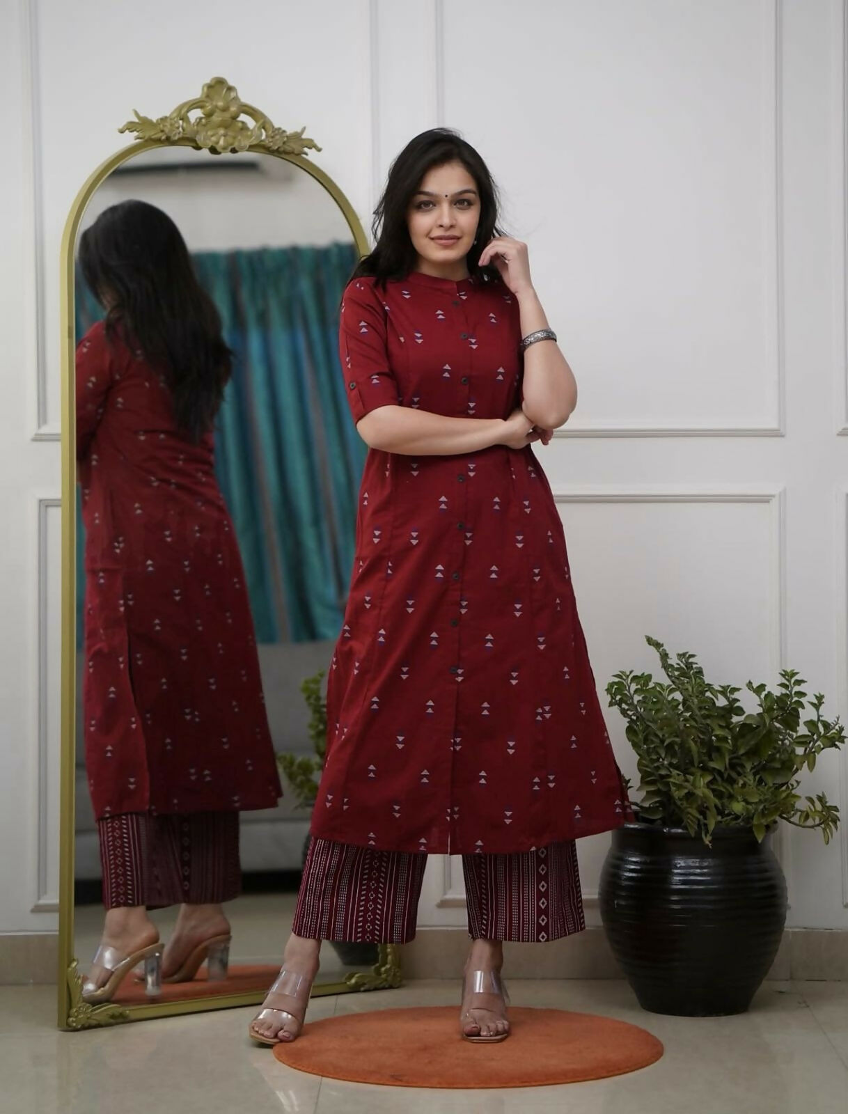 Teeya Creation Elegant Red Cotton Kurta Set Featuring Button Detail And Printed Palazzos - Dista