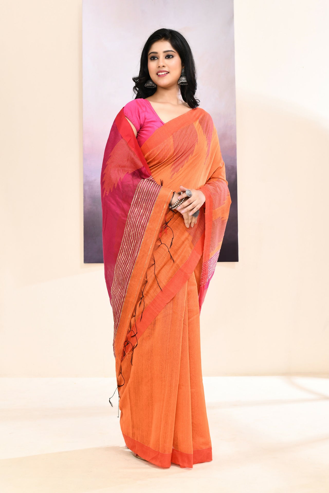 Piyari Fashion Women's Orange Temple Border Embellished Cotton Blend Jamdani Saree - Dista