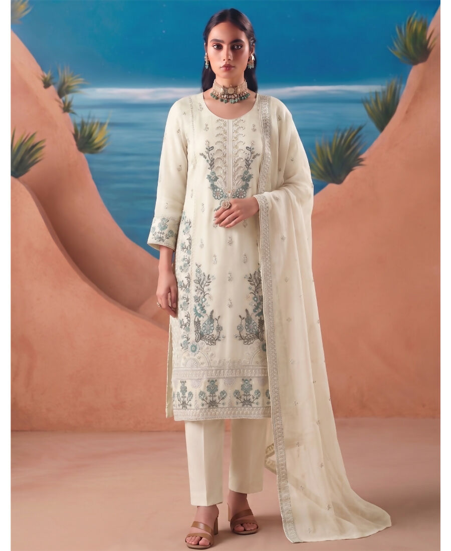 KC Heavy Chiffon Silk White Hand Embroidered Straight Suit For Women Wedding - Dista