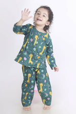 Thumbnail for Breathables Green Giraffe Print Cotton Nightsuit Set For Kids - Dista