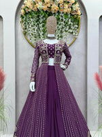 Thumbnail for Jyoti Fashion Women's Wine Faux Georgette Sequins with Thread Embroidered Designer Lehenga Choli with Shrug Set - Distacart