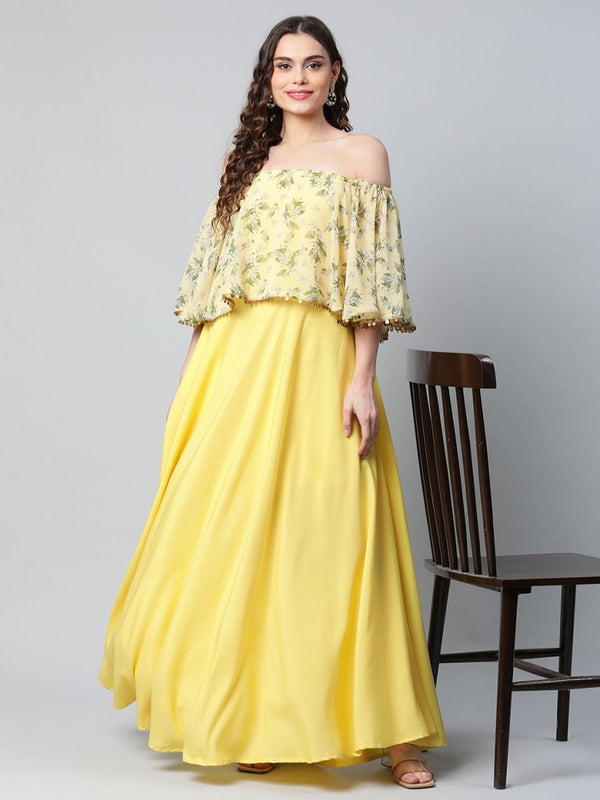 Ahalyaa Women Crepe Printed Yellow Dress - Distacart