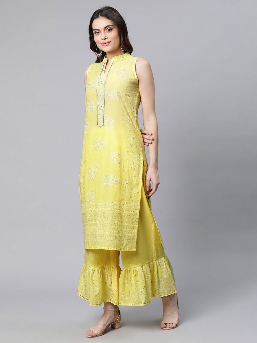 Ahalyaa Women Yellow Colour Pure Cotton Glitter Print Kurta Palazzo Set - Distacart