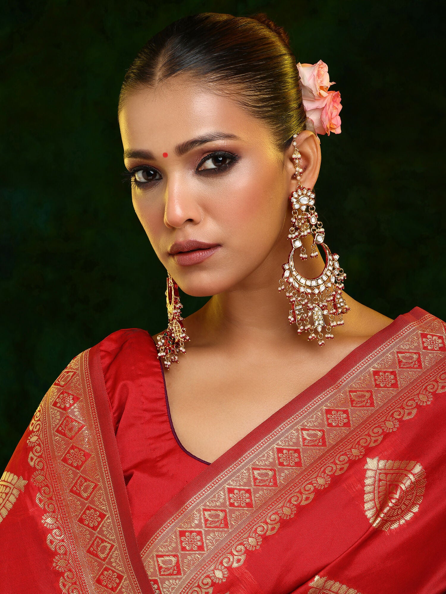 Ruby Raang 22k Gold Polished Kundan Chand Earrings With Ear Chains