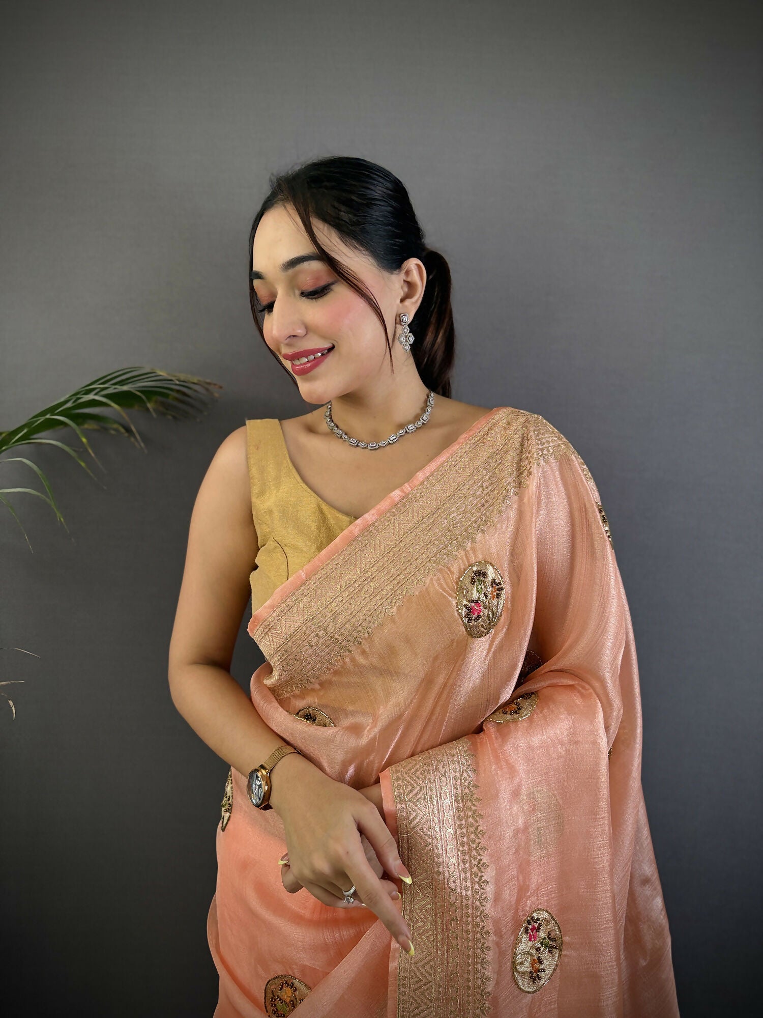 Joban Fashion Peach Handloom Banarasi Organza Silk Khatali Butta Work Saree - Distacart