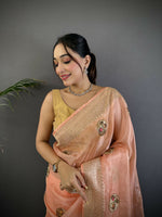 Thumbnail for Joban Fashion Peach Handloom Banarasi Organza Silk Khatali Butta Work Saree - Distacart