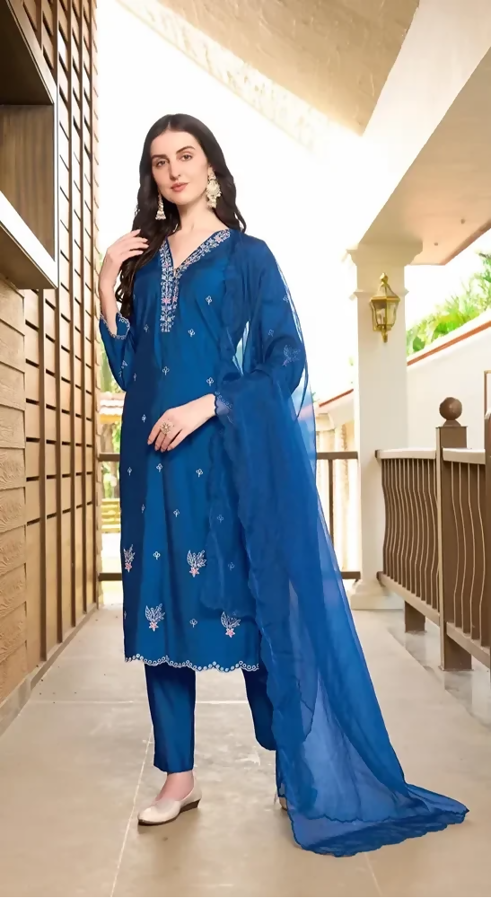 Nikhaar Blue Embroidered Art Silk Straight Cut Readymade Pakistani Suit