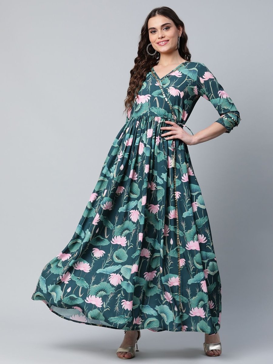 Ahalyaa Women Dark Green Crepe Digital Print Dress - Distacart