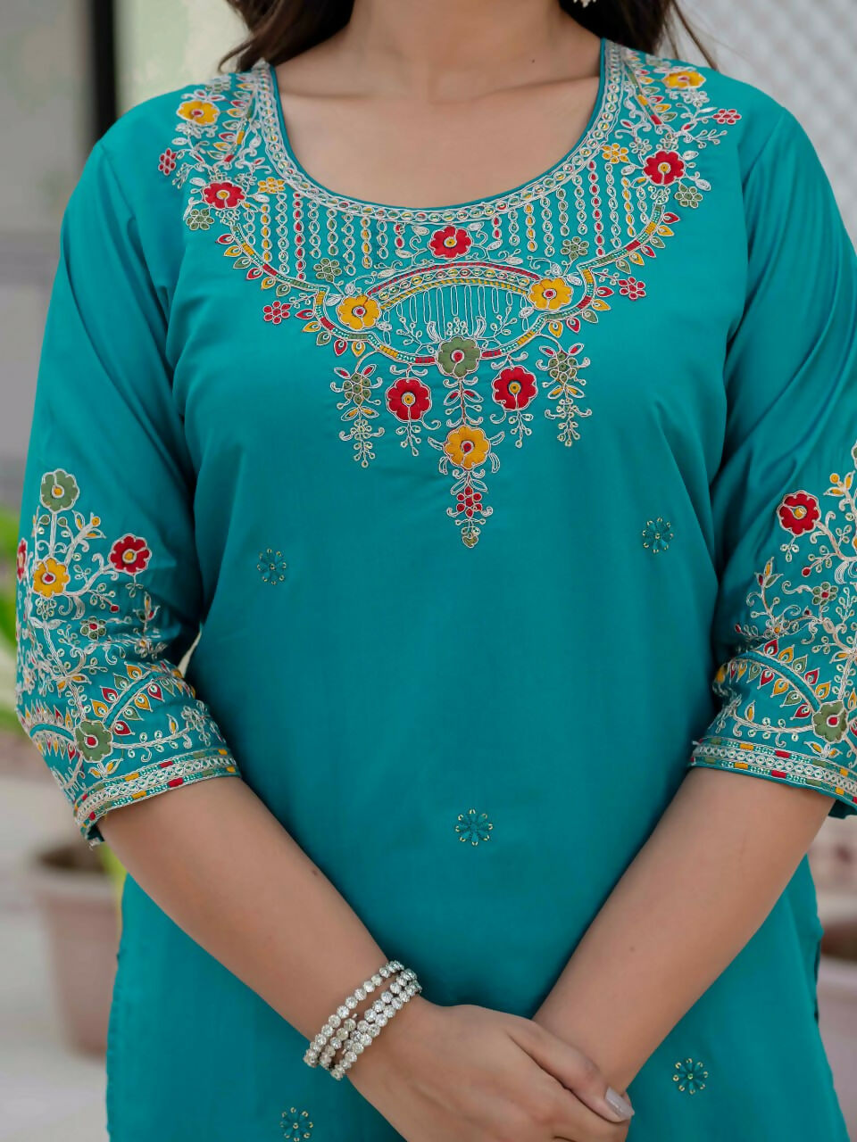Preksha Creation Wedding Special Premium Roman Silk Coding Embroidery With Sequins Work Kurti Dupatta With Pant