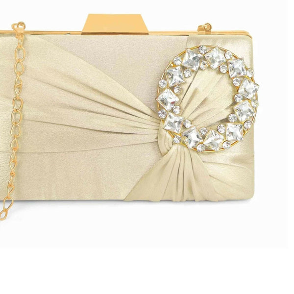 Joban Fashion Luxurious Satin Evening Clutch With Detachable Chain Strap - Golden - Dista