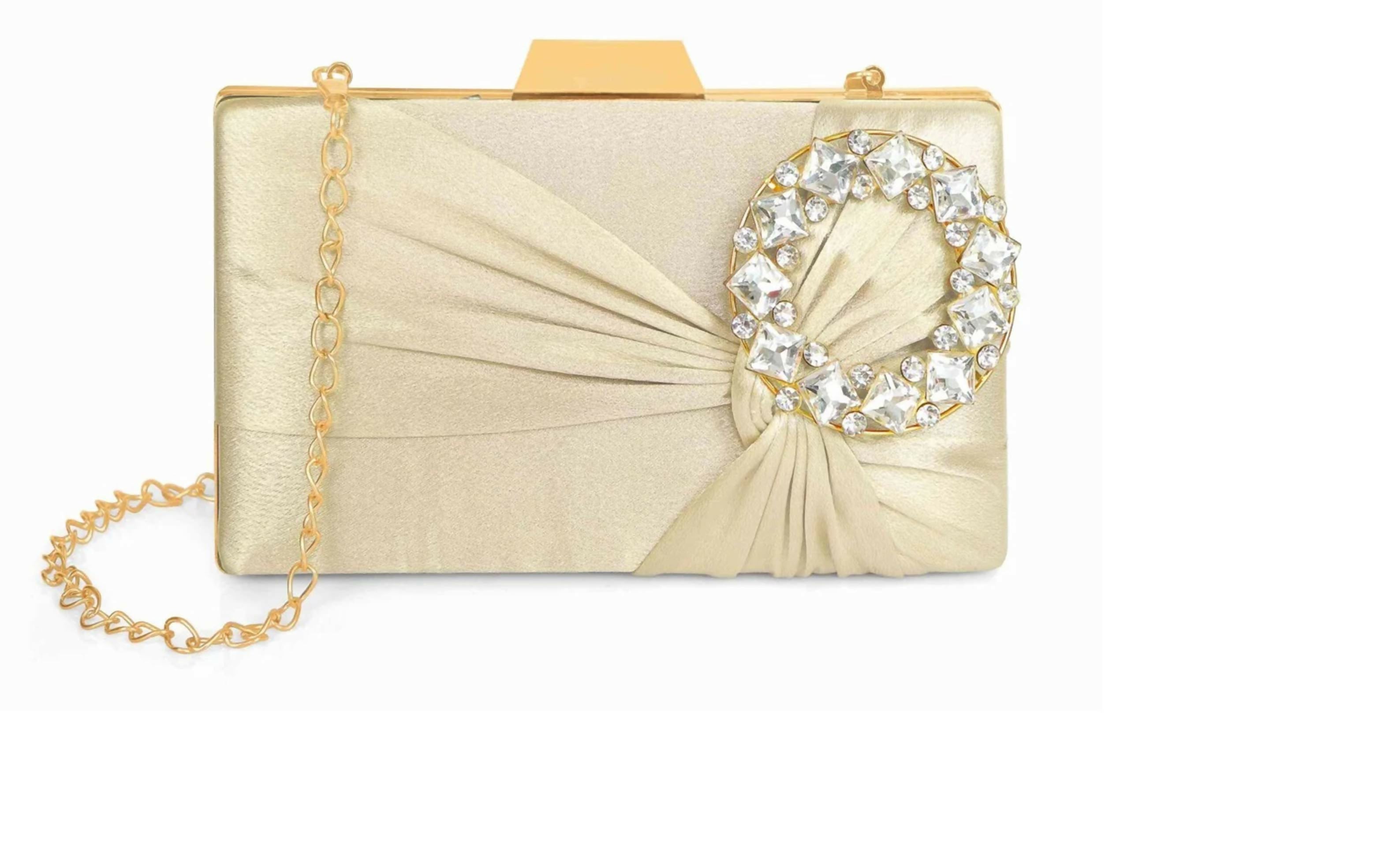 Joban Fashion Luxurious Satin Evening Clutch With Detachable Chain Strap - Golden - Dista