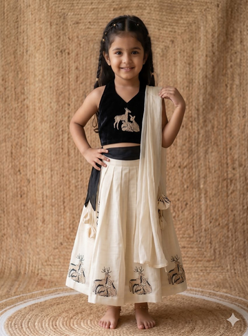 Teeya Creation New Latest Kids Off-White Silk Lehenga With Black Velvet Choli & Deer Embroidery Motif-Black - Dista
