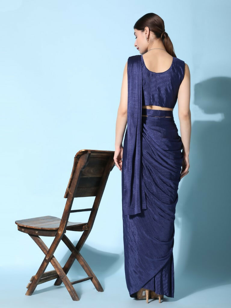 Blue Imported Crush Lycra Texture Pattern Ready to Wear Saree with stitched Blouse - Nirvana - Distacart
