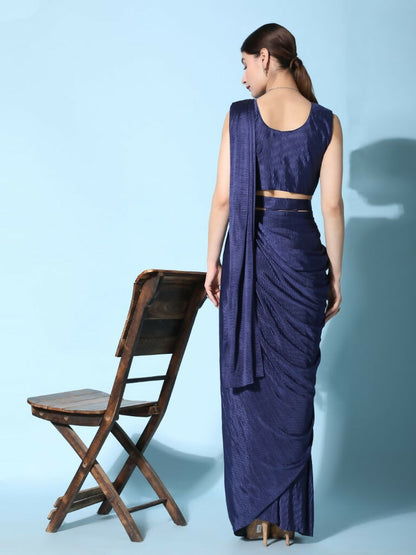 Blue Imported Crush Lycra Texture Pattern Ready to Wear Saree with stitched Blouse - Nirvana - Distacart