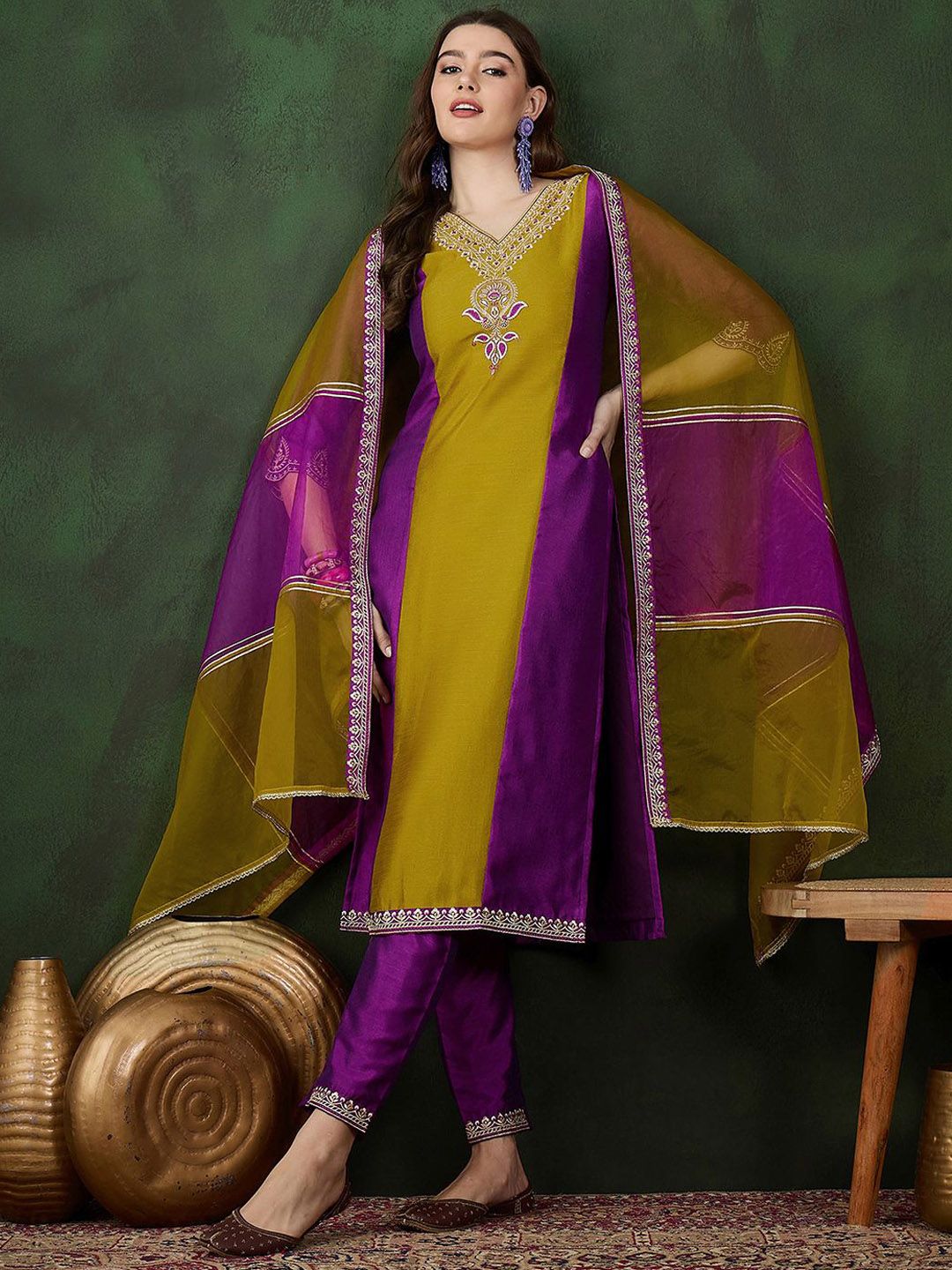 Sangria Embroidered Straight Kurta & Trousers With Dupatta - Distacart