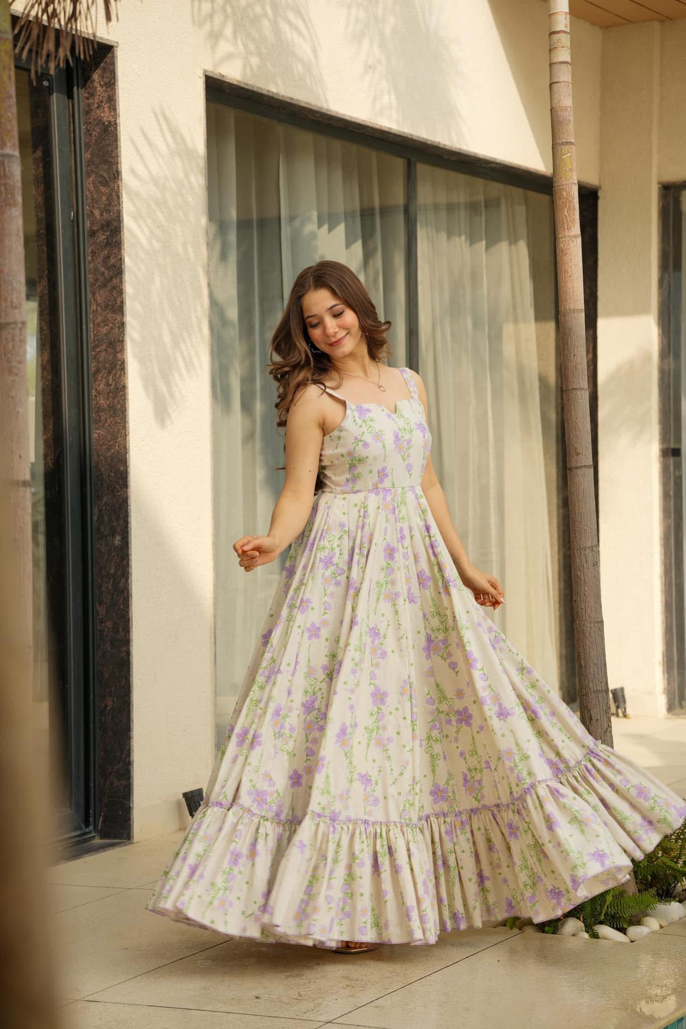 Lorenvalley Cream Rayon Floral Print Fit & Flare Gown - Distacart