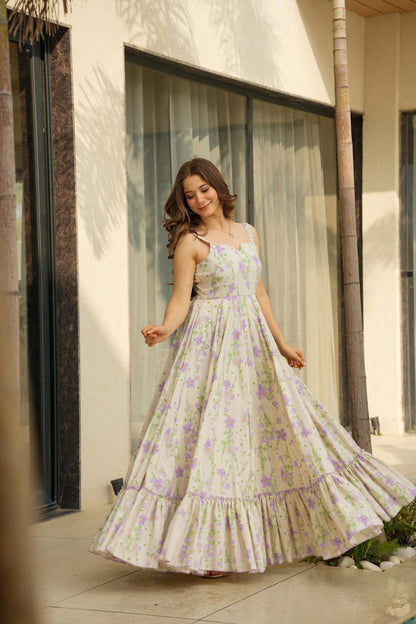Lorenvalley Cream Rayon Floral Print Fit & Flare Gown - Distacart