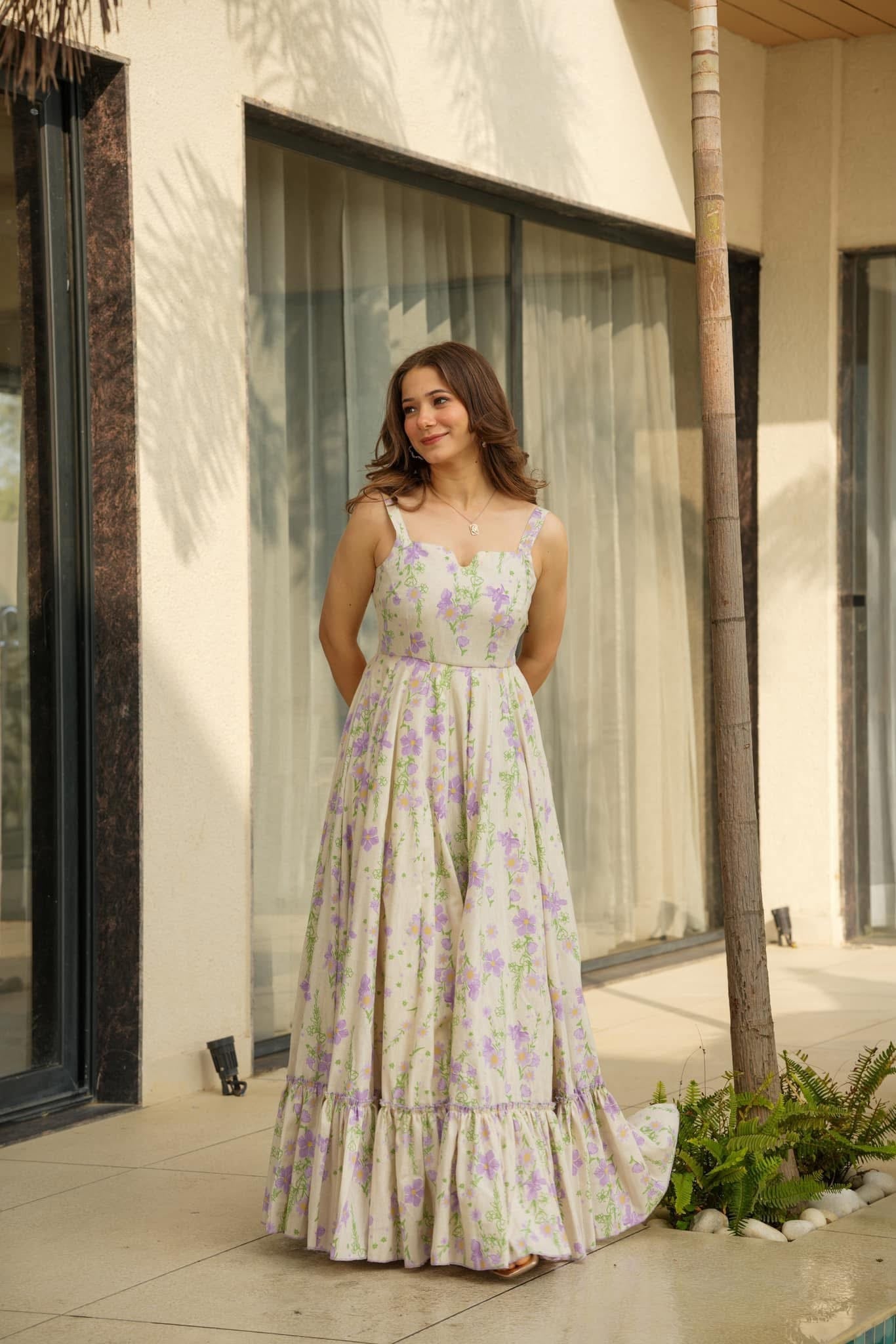 Lorenvalley Cream Rayon Floral Print Fit & Flare Gown