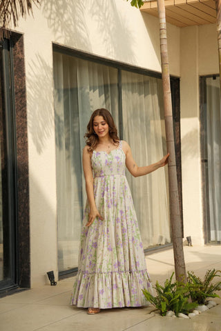 Lorenvalley Cream Rayon Floral Print Fit & Flare Gown