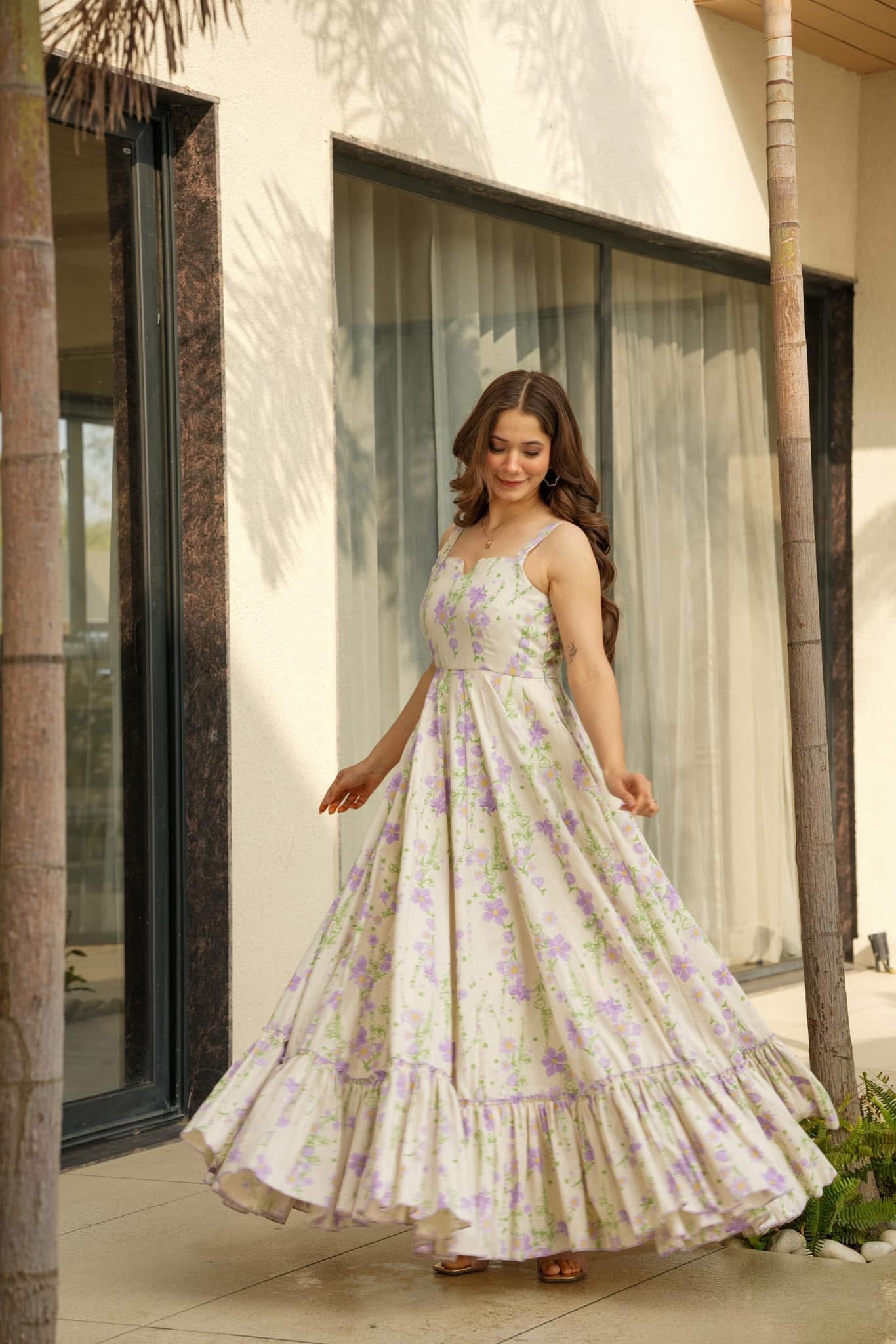 Lorenvalley Cream Rayon Floral Print Fit & Flare Gown - Distacart