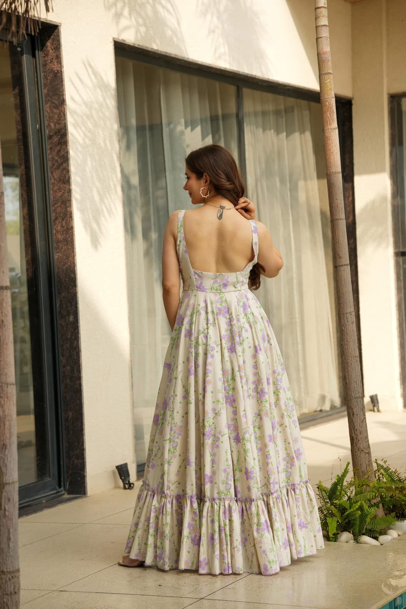 Lorenvalley Cream Rayon Floral Print Fit & Flare Gown - Distacart