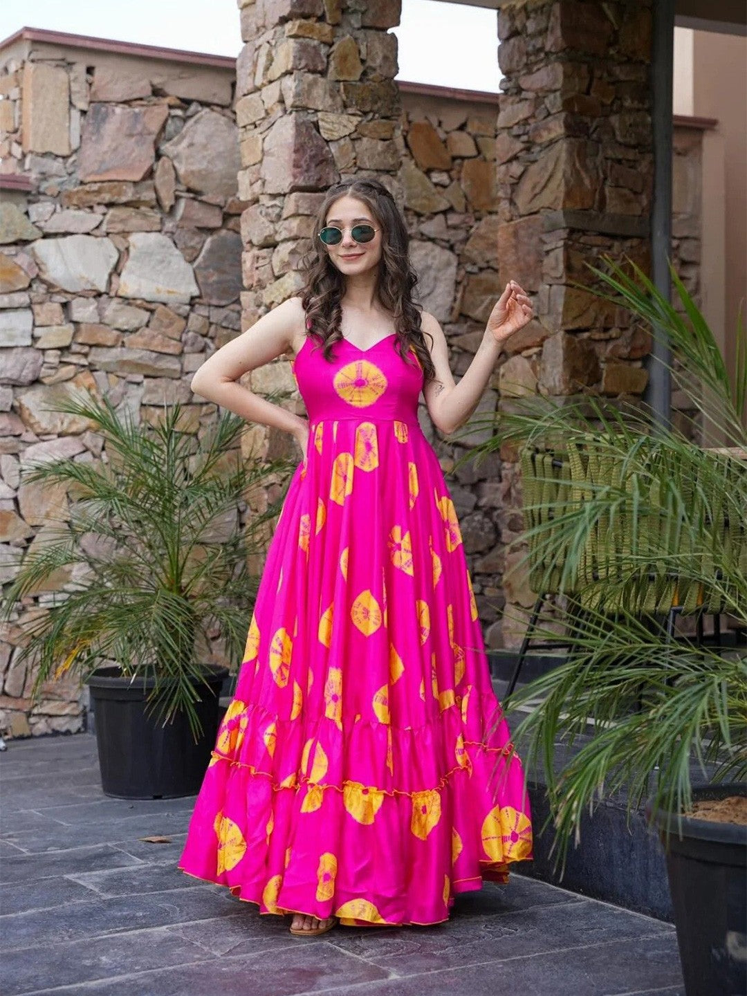 Lorenvalley Magenta Rayon Floral Print Fit & Flare Gown