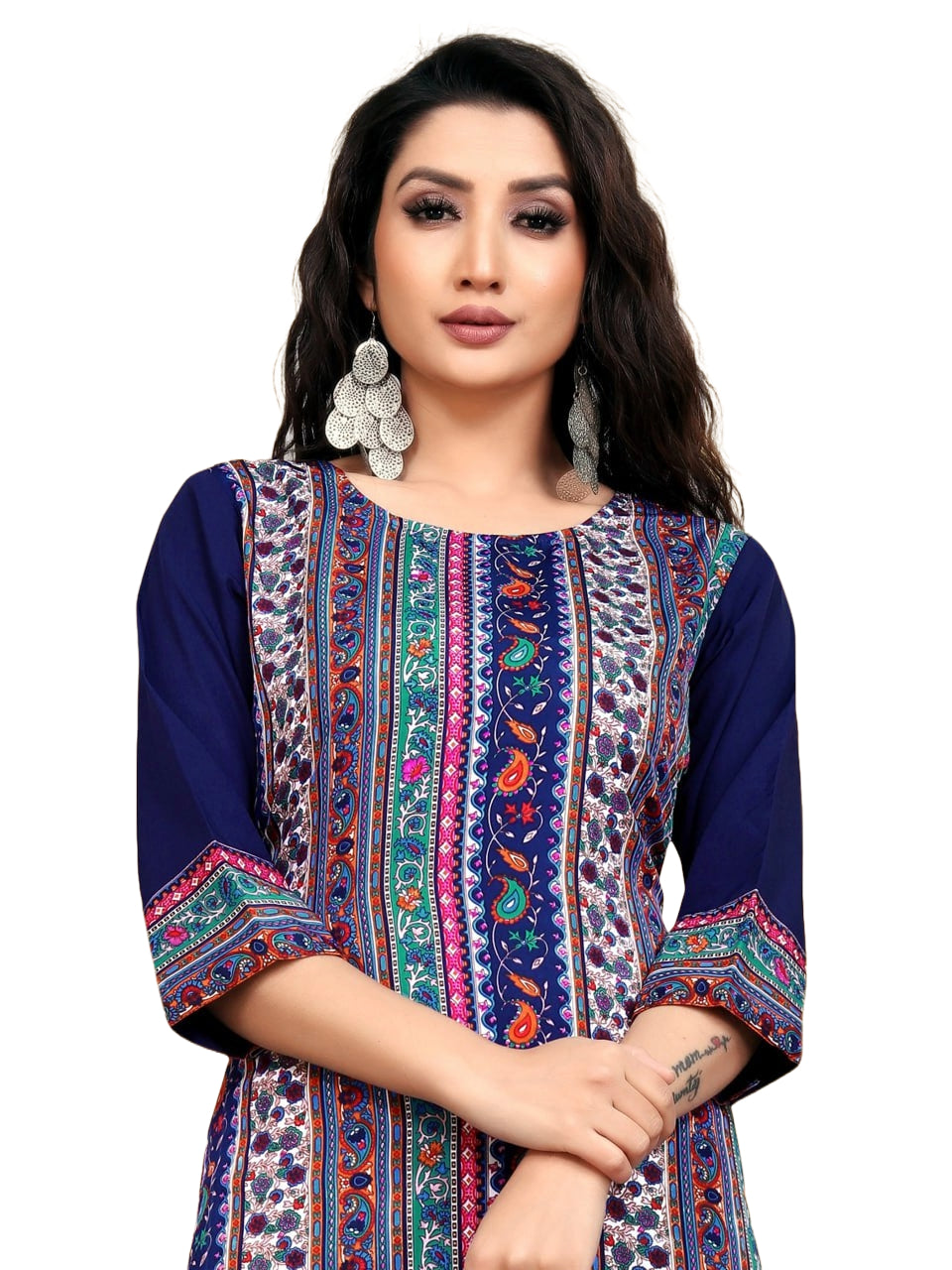 NOZ2TOZ Women Floral Printed Knee Length Round Neck Crepe Kurti - Blue - Distacart