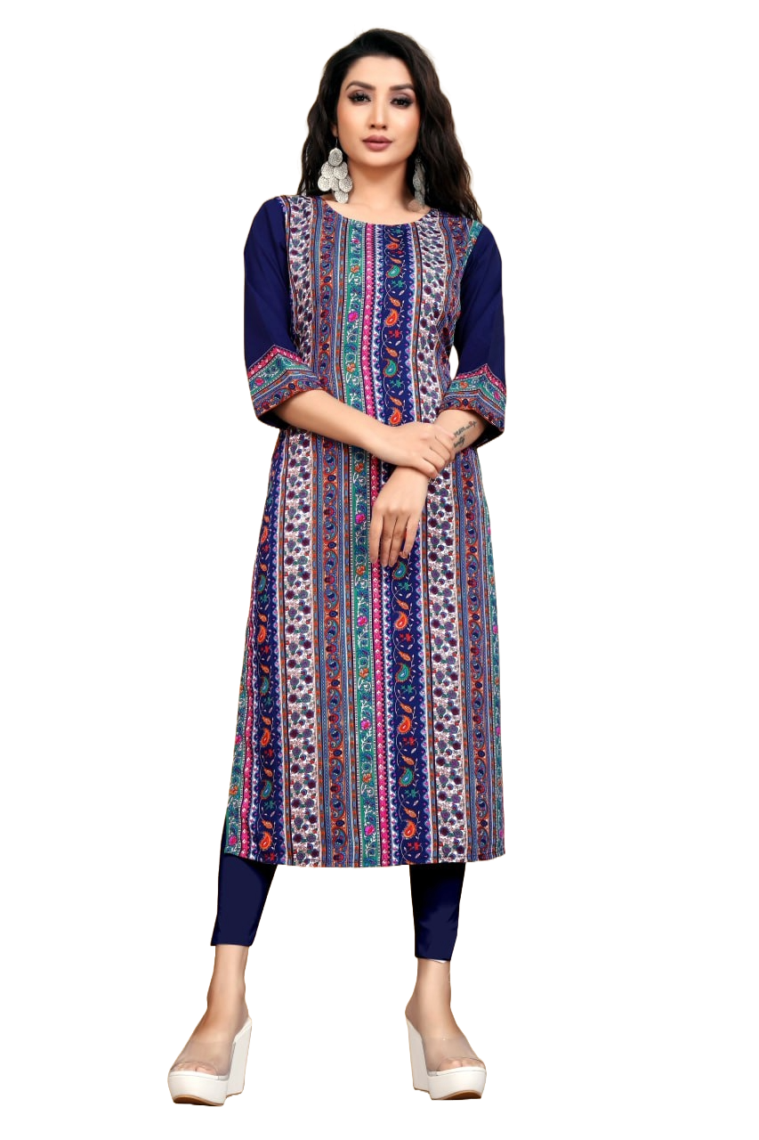 NOZ2TOZ Women Floral Printed Knee Length Round Neck Crepe Kurti - Blue - Distacart
