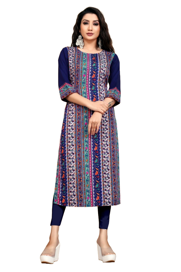 NOZ2TOZ Women Floral Printed Knee Length Round Neck Crepe Kurti - Blue - Distacart