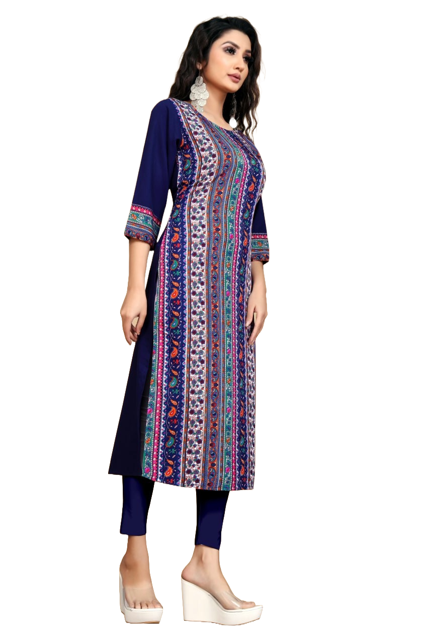 NOZ2TOZ Women Floral Printed Knee Length Round Neck Crepe Kurti - Blue - Distacart