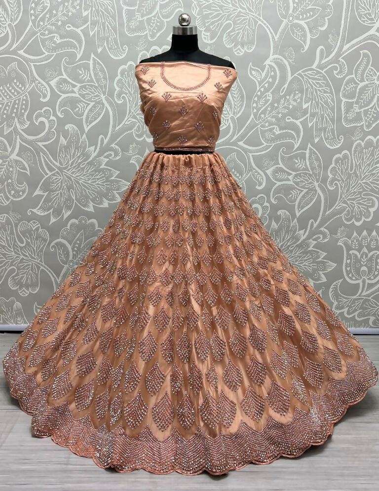 Jyoti Fashion Women's Peach Bridal Net Fancy Dori & Multi Thread Embroidered with Zircon Diamond Work Wedding Lehenga Choli - Distacart