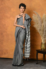 Thumbnail for Very Much Indian Handloom Pure Cotton Saree With Sleek Border - Grey - Distacart