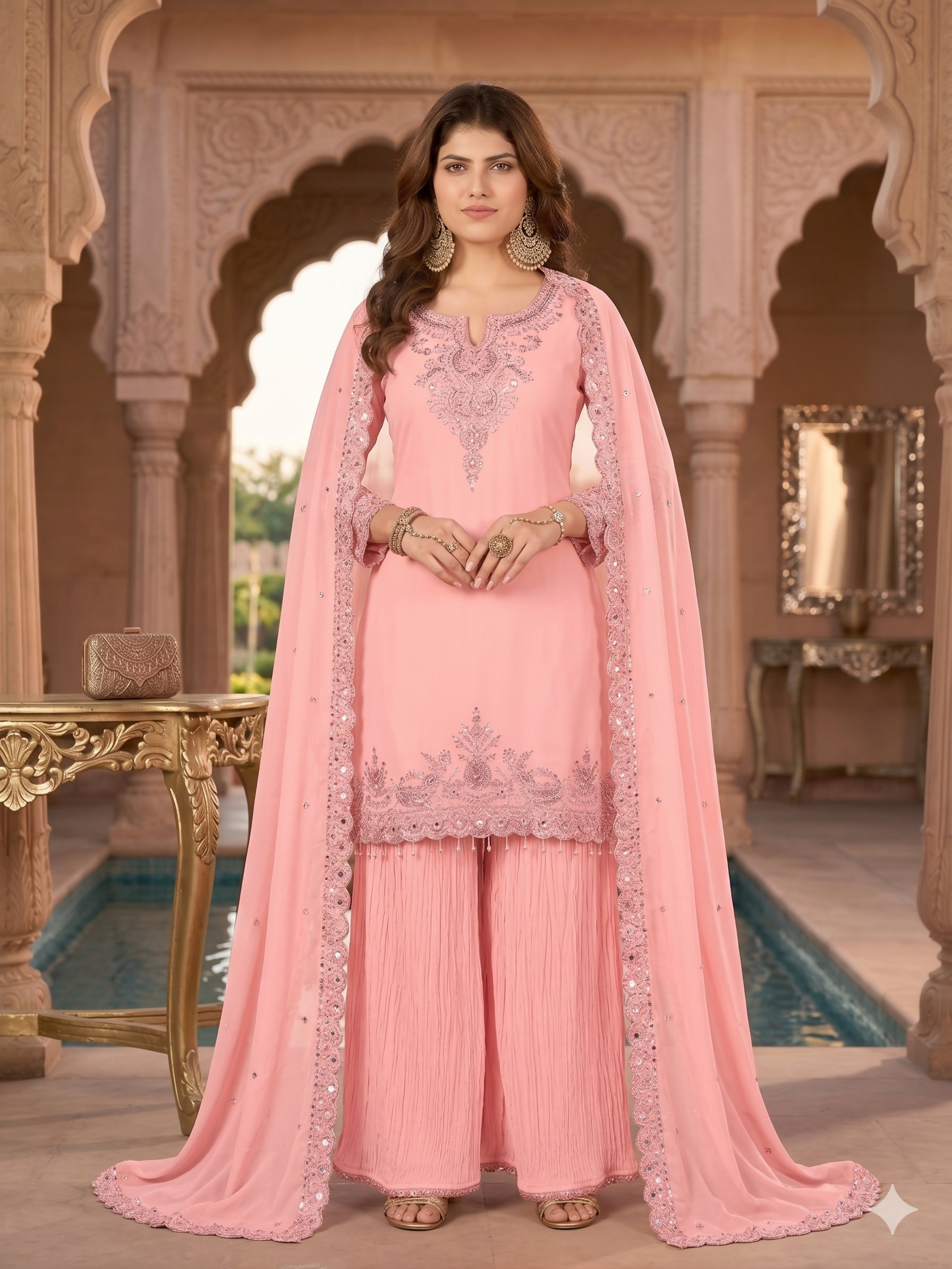 Teeya Creation Womens New Georgette Silk With Heavy Embroiedery With Sequence Work Kurta Set - Dista