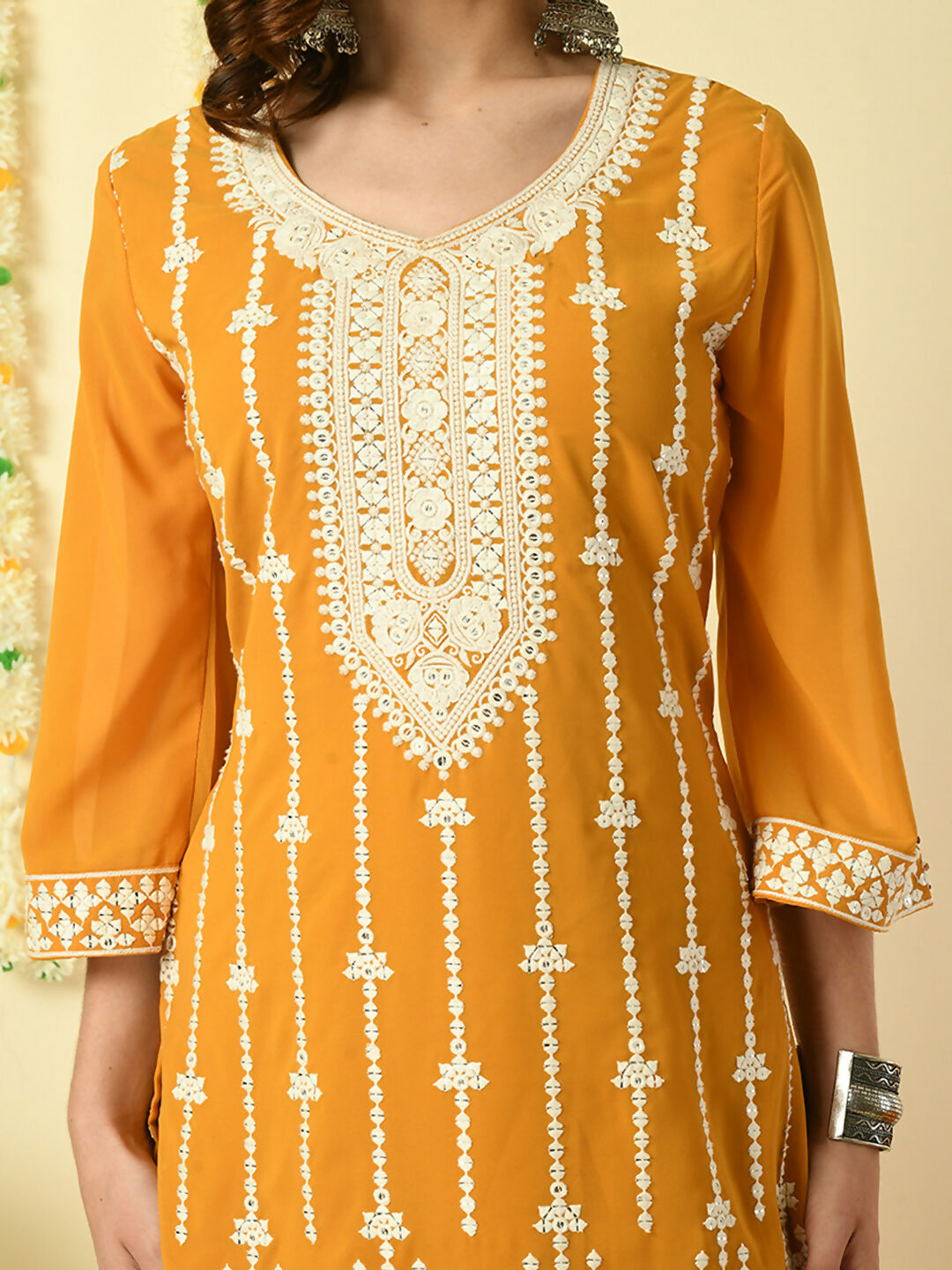 Myshka Women's Mustard Georgette Kurta & Palazzos With Dupatta Party Sets - Distacart