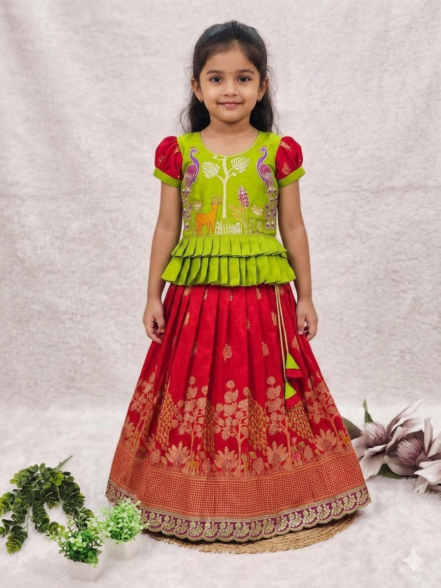 Teeya Creation New Kids Red Color Little Deer Forest Fantasy Lehenga Choli Set -Green - Dista