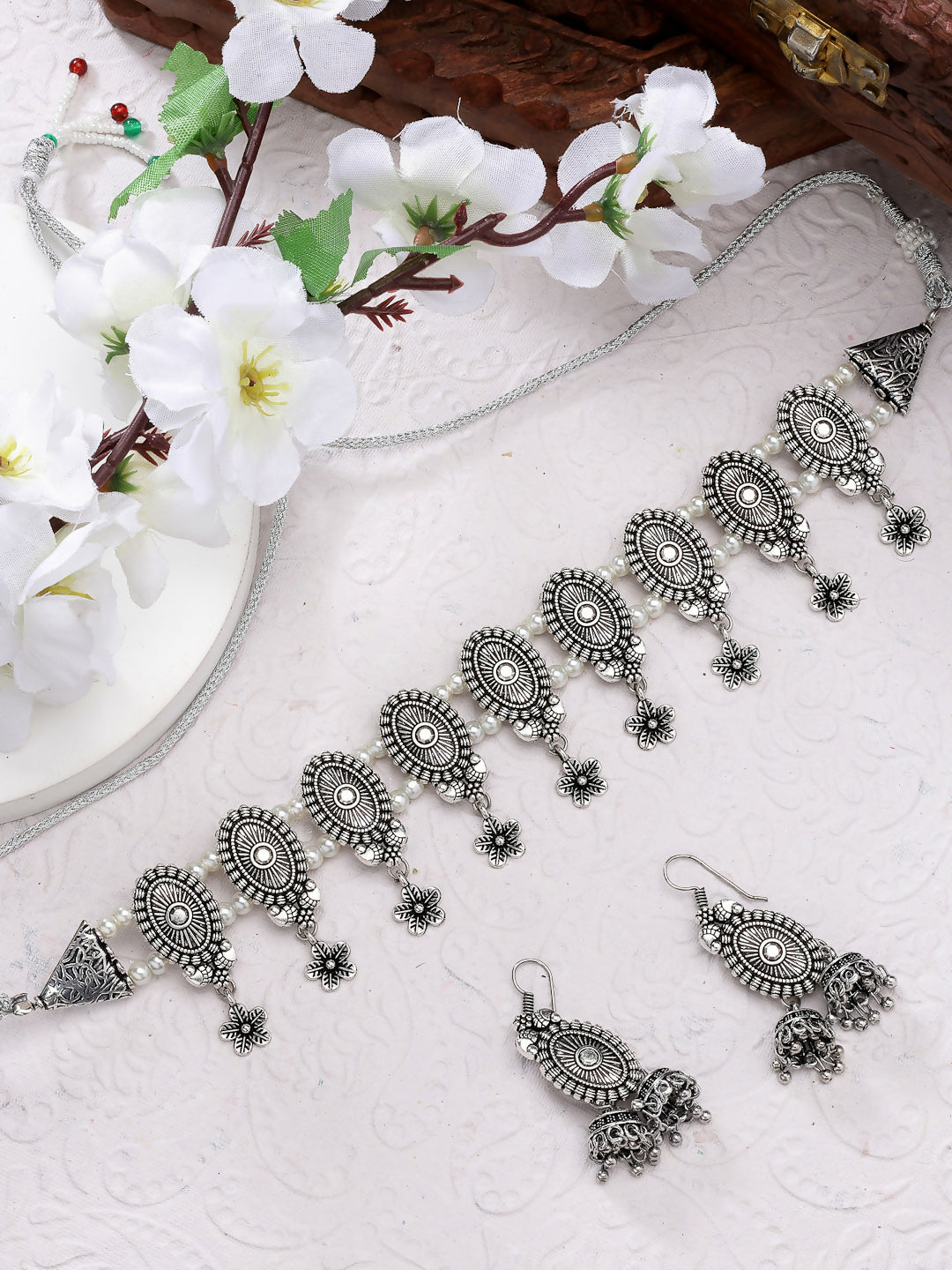 NVR Women's Silver-Plated Choke Oxidized Necklace with Jhumka Earrings - Distacart